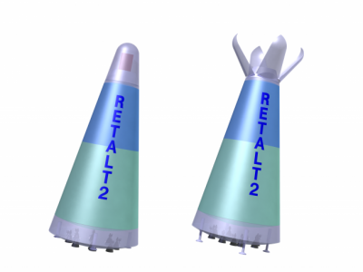 Conceptual sketch of the RETALT2 spacecraft. Configurations from left to right- launch, descent and landing.